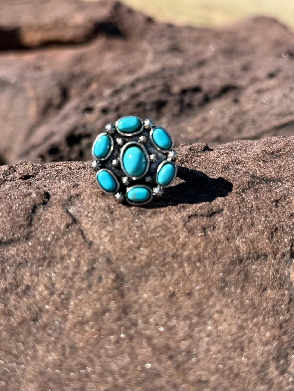 Turquoise Statement Silver Rings - Elastic Stretch Fit